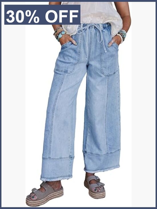 Denim - High Waisted Wide Leg Baggy Jeans with Drawstring and Raw Hem Stretchy Denim